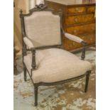FAUTEUILS, a pair, 19th century French, Louis XVI style, ebonised with light grey upholstery, 62cm.