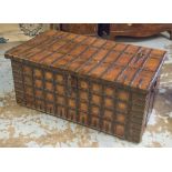 INDIAN TRUNK/LOW TABLE, teak and iron bound with studded hinged top and carrying handles,