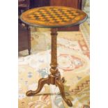 GAMES TABLE, Victorian walnut and marquetry with circular chessboard top, 73cm H x 52cm D.