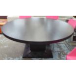 DINING TABLE, circular in black ash finish on circular base with central support,