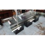 DINING TABLE, with glass top on three pedestal bases from Vogue Interiors, 320cm x 160cm x 78cm H.