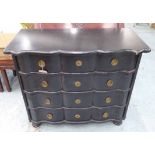 COMMODE, black painted Continental style, with four shaped drawers, 49cm D x 100cm W x 86cm H.