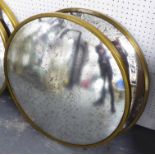 CONVEX MIRRORS, a pair, distressed plate gilt metal surround, 62cm diam.