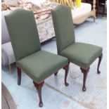 DINING CHAIRS, a set of ten, green patterned upholstery high backed with carved mahogany supports,