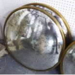 CONVEX MIRRORS, a pair, distressed plate gilt metal surround, 62cm diam.