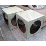 SIDE TABLES, a pair, cubes in shagreen finish under glass with glass shelf below,