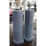 TABLE LAMPS, a pair, column style in a blue fabric finish, 72cm H.