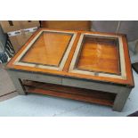 LOW TABLE, with two glazed lift up top sections with drawer below and slatted undertier,