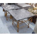 SIDE TABLES, a pair, marble tops on gilt metal bases with swag and tassel detail,