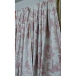 CURTAINS, a pair, Chinoiserie style in puce on cream ground with pelmet lined and interlined,