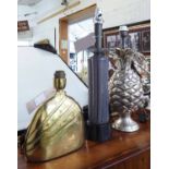 TABLE LAMP, glass column 64cm H and a pineapple lamp 56cm H and brass lamp 35cm H.