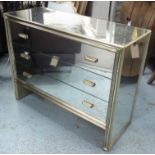 CHEST OF DRAWERS, mirrored eglomise three drawer, 45cm x 110cm x 88cm H.