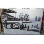 RACING CARS, early 20th century, picture on glass, 120cm L x 80cm W.