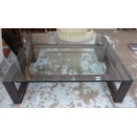 LOW TABLE, metal framed with a square glass top, 140cm square x 42cm H.