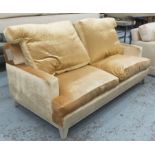 SOFA, two seater, in gold chenille on base with square supports, 201cm L.