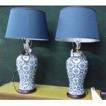 LAMPS, a pair, Chinese vase form with blue shades, 88cm H.