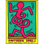 KEITH HARING yellow 'Montreaux', 1983, original screen printed poster, 100cm x 70cm, framed.