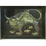 K. OWENS 'Bull', watercolour and gouache, signed lower right, 55cm x 75cm, framed and glazed.