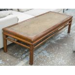 LOW TABLE, Chinese firwood with rectangular rattan top, 50cm H x 182cm x 70cm.