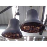 BELL PENDANT LIGHTS, a pair, contemporary Italian style design, ceramic with rope detail,