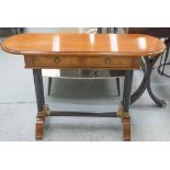 CONSOLE TABLE, fruitwood, ebonised and brass mounted with rounded end top above two drawers,