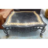 LOW TABLE, a shaped inlaid marble top on a wrought iron base with brass detail, 188cm W x 118cm D.