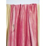 CURTAINS, two pairs, red moire silk lined, gathered 64cm x 206cm drop.