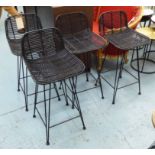 BAR STOOLS, four, black slatted tops on metal bases, 42cm x 91cm H.