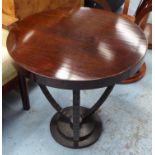 SIDE TABLE, bespoke made, walnut top on worked metal base, 53cm H.