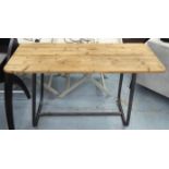 CONSOLE TABLE, the rustic wooden top on a tubular metal base, 45cm x 120cm x 79cm H.