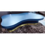 COFFEE TABLE, blue gloss, with brass trim to base, 155cm L x 96cm x 37cm H.