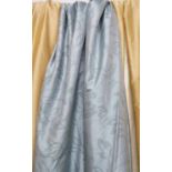 CURTAINS, a pair, blue floral patterned silk lined gathered 106cm x 228cm drop.