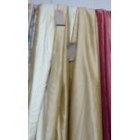 CURTAINS, a pair, in gold silk lined and interlined, gathered 90cm x 256cm drop.