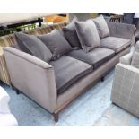 SOFA, three seater, in grey velvet fabric on square supports, 234cm L.