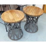OCCASIONAL TABLES, a pair, circular wooden tops, 41cm x 53cm H.