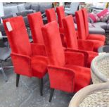 DINING CHAIRS, a set of eight, in red fabric buttoned on square supports, 53cm W.