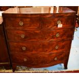 BOWFRONT CHEST, Regency flame mahogany with two short and three long drawers,