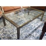 LOW TABLE, 20th century rectangular glass with lacquered gilt metal frame support,