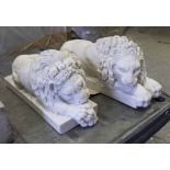 GRAND TOUR STYLE MODEL RECUMBENT LIONS, a pair, composite white stone, 31cm L.
