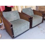 SWIVEL ARMCHAIRS, a pair, leather and wicker with jade chenille upholstery, 78cm W x 80cm D.