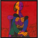 PABLO PICASSO 'Femme-Red', textile, signed in the plate, 82cm x 81cm overall, framed and glazed.