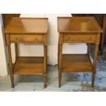 BEDSIDE TABLES, a pair, French provincial style fruitwood, each with drawer and undertier,