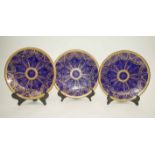 ROYAL WORCESTER CABINET PLATES, three, blue ground, gilded, circa 1900.