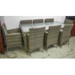 GARDEN TABLE AND CHAIRS, contemporary grey woven rattan style with glazed top,