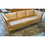 SOFA, 1970's Danish with padded back and seat cushions in natural leather by Stouby, 202cm W.