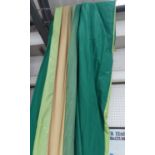 CURTAINS, three pairs in bottle green and light green silk, lined and interlined,