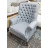 WING BACK ARMCHAIR, in woven blue fabric with button back, 88cm x 115cm H.