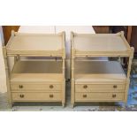 BEDSIDE TABLES, a pair, Georgian style grey painted, each with brushing slide and two drawers,