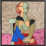 PABLO PICASSO 'Femme', Textile, signed in the plate, 80cm x 80cm overall, framed and glazed.
