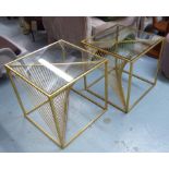 SIDE TABLES, a pair, vintage Italian style gilt metal with square glass tops, 53cm H.